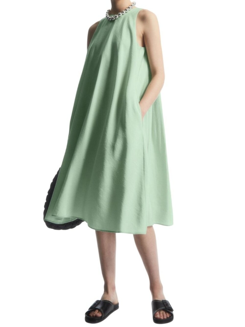 COS Racer-Neck Midi Dress Mint Green Modal Blend Trapeze Pockets 2